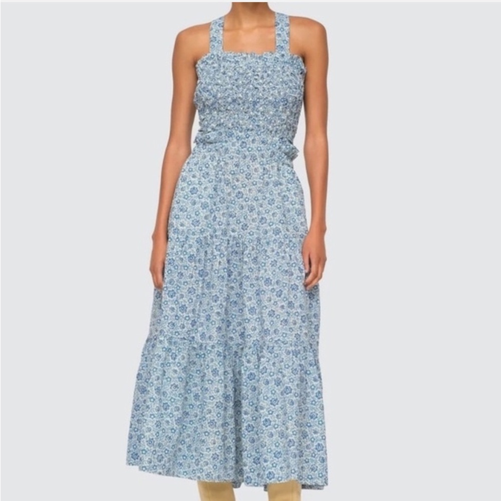 Sea New York Ida Floral Midi Blue Open Back Smocked Women's Dress Small NWOT